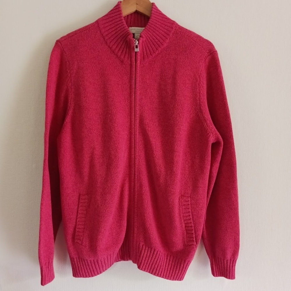 Zip-Front Cardigan Sweater Size XL, Red, Front Pockets, 100% Cotton‎ knit